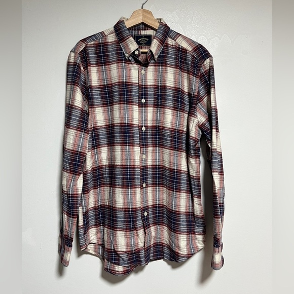 Portuguese Flannel Red Blue Cream Plaid Shirt Men’s Large 100% Cotton - Picture 2 of 12